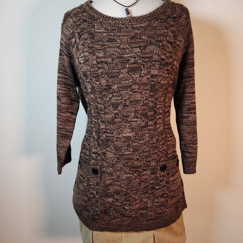 Effeci Womens XL Brown Knit Tunic Sweater Tunic 3/4 Sleeve Round‎ Neck - Picture 2 of 7
